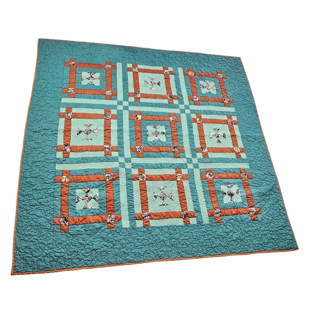 Vintage 90's Handmade Quilt Squares Green Brown Machine Pieced 72x72" AS IS